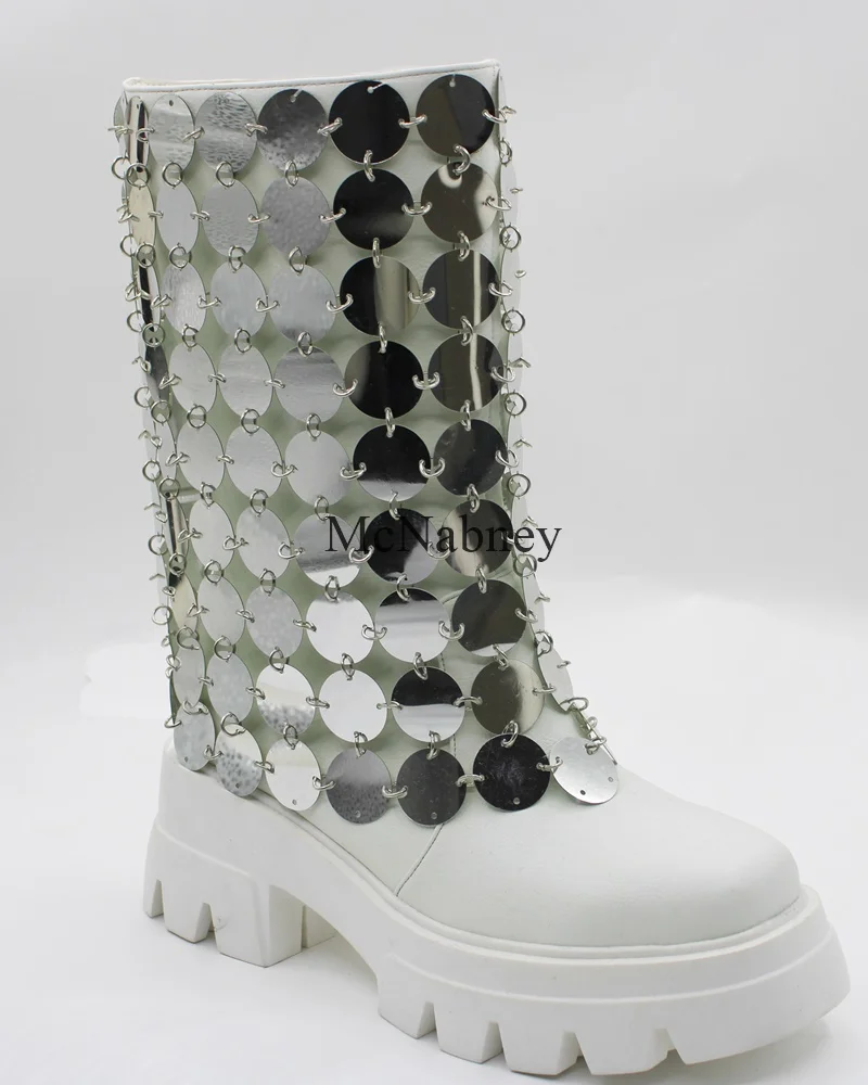

White Mid-Calf Slip On Design Round Toe Bling Women Boots Chunky High Heels Fashionable And Versatile Large Size Shoes