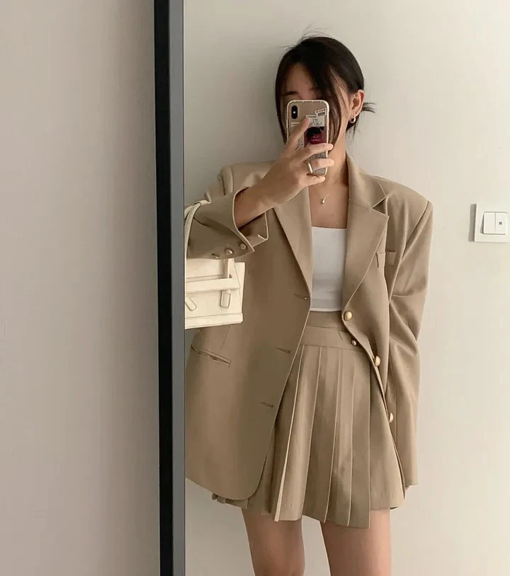 Korean Chic Two-piece Skirt Set Women Single Breasted Blazer Loose Jacket Solid Pleated Mini Skirt Autumn Office Lady Outfits