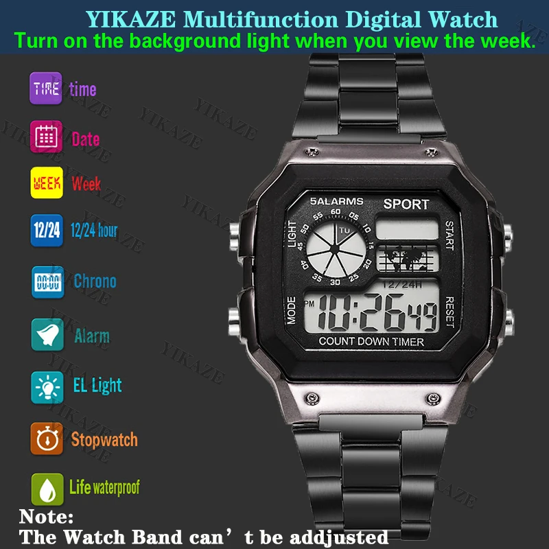 YIKAZE Men's Military Watch Luxury Sport Digital Watch Stainless Steel Countdown Waterproof Electronic Wristwatch for Men Gift