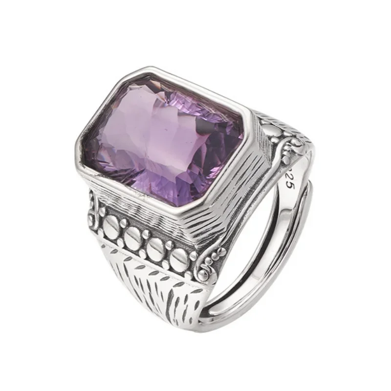 S925 sterling silver charms rings for women men new fashion ancient totem inlaid square Natural amethyst jewelry free shipping