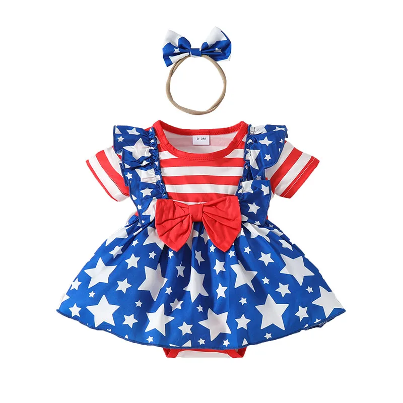 

Newborn Infant Girl 4th of July Outfit Baby Cute Star Balloon Print Romper Dress Puff Sleeve Jumpsuit