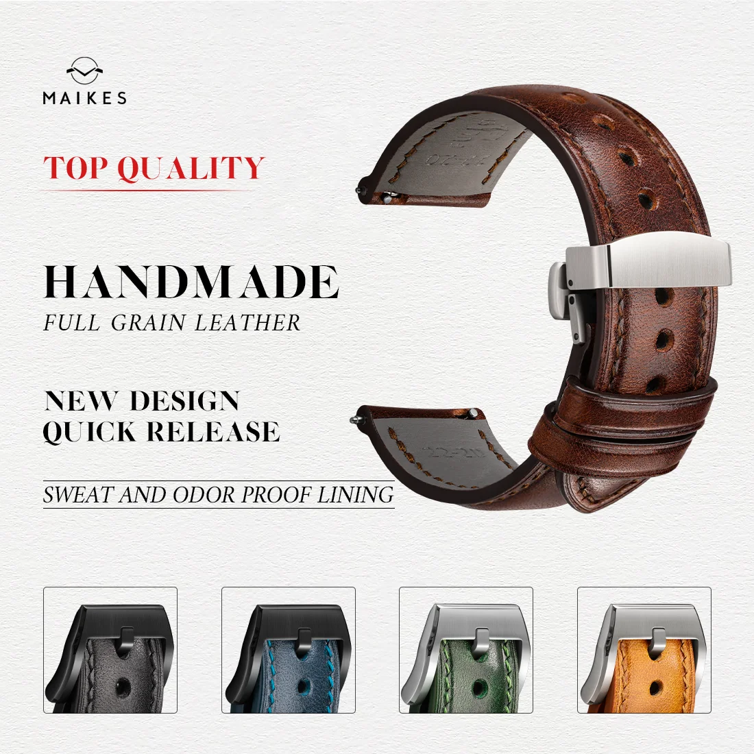 MAIKES Handgefertigte Nähte Vollnarbenleder-Uhrenarmbänder 19 mm, 20 mm, 21 mm, 22 mm, 24 mm, Schnellverschluss-Uhrenarmband-Zubehör