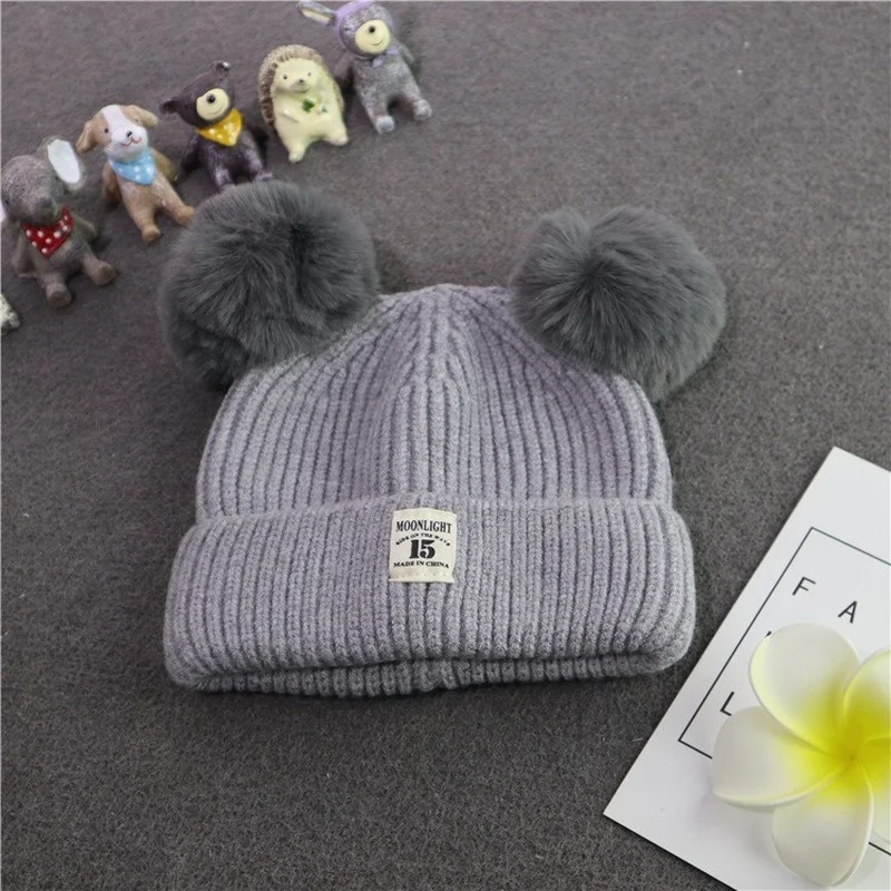 

Fashion Child Two Faux Fur Pompom Winter Hat Cap Thickened Warm Velvet Double Pom Cable Knitted Skullies Beanie