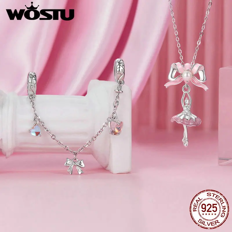 WOSTU 925 Sterling Silver Pink Ballet Girl Charm Bow Safety Chain Dreamy Heart Bead Fit Original Bracelet DIY Fairy Tales Gift