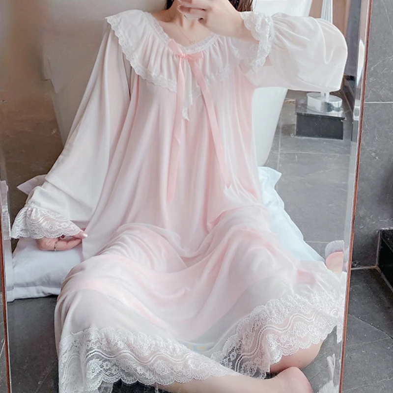 

Women Long Sleeve Lace Peignoir Kawaii Girl Romantic Vintage Nightgown Fairy Night Dress Princess Sleepwear Victorian Nightdress