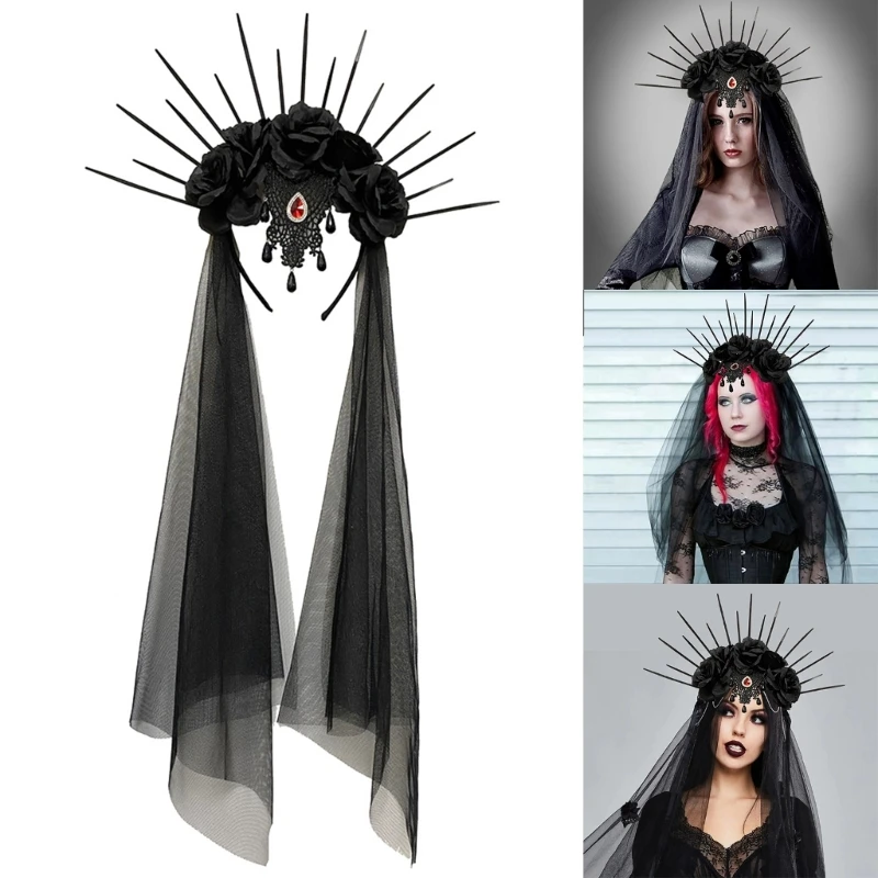 

Halloween Cosplay Headband with Long Mesh Veil Women Gothic Flower Hair Hoop Party Costume Headdress Day of the Death Headpiece
