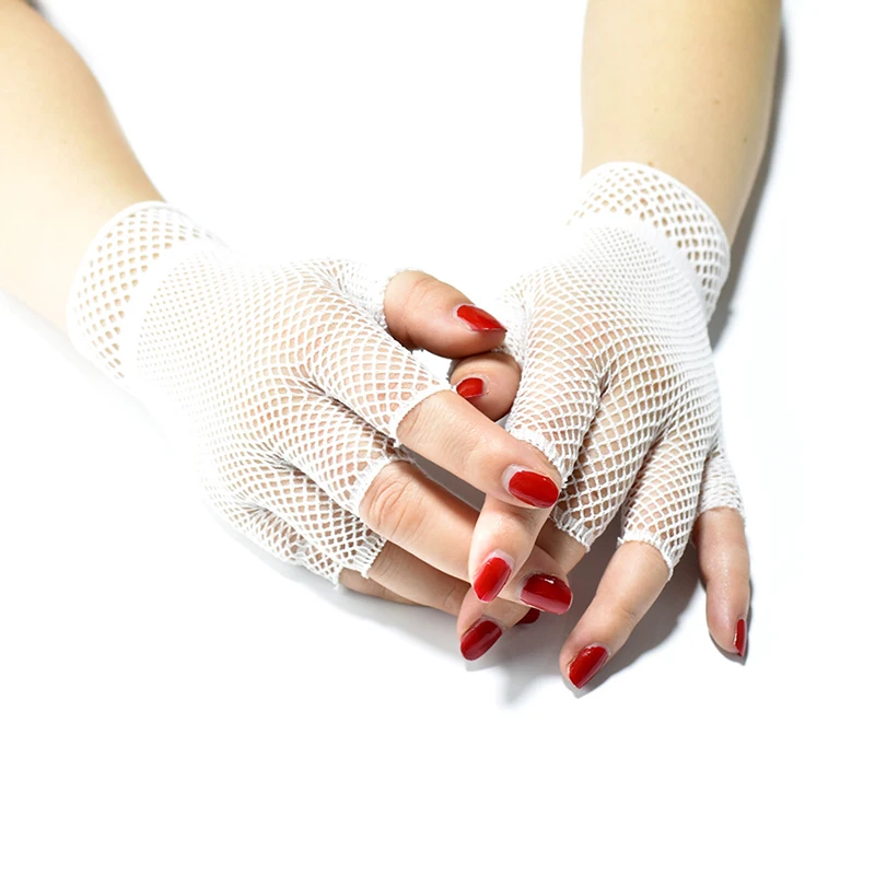 Frauen Elastizität Fischernetz Handschuhe Sommer Mädchen Kurze Halbe Finger Gothic Punk Mode Cosplay Dekoration Party Mesh Fäustlinge – Detail 4