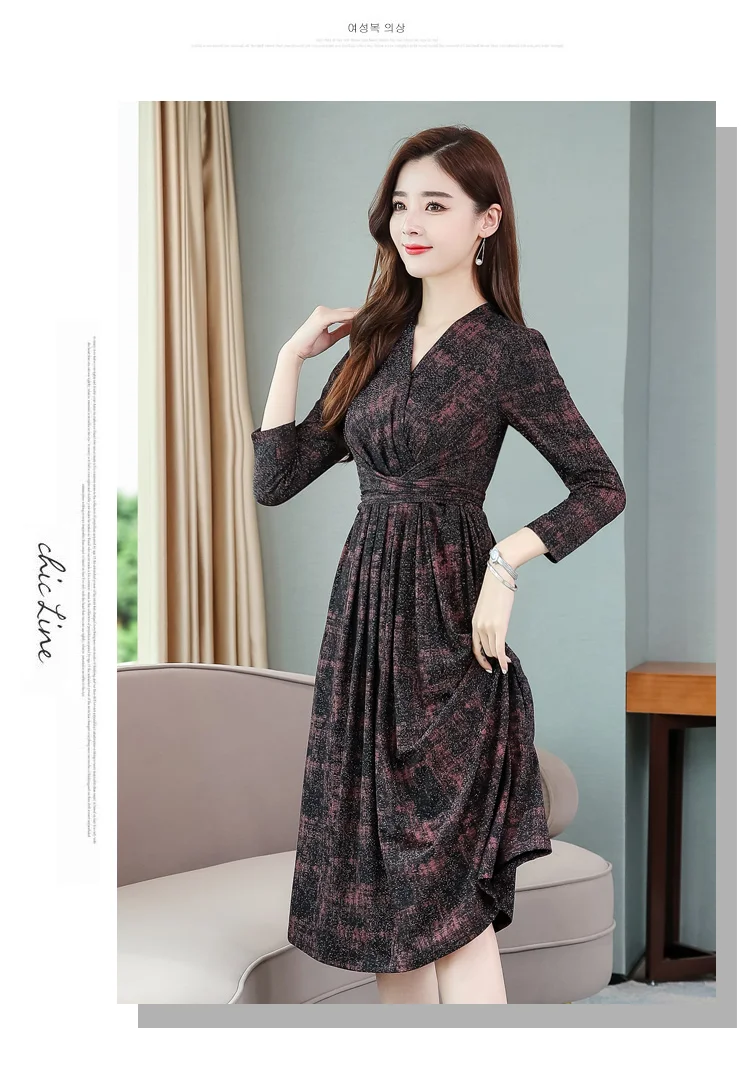 Women Print Long Sleeve V-Neck Sexy Midi Dress 2022 Korean Elegant Bodycon Casual Dress Spring Autumn Vintage Offfice Lady Dress