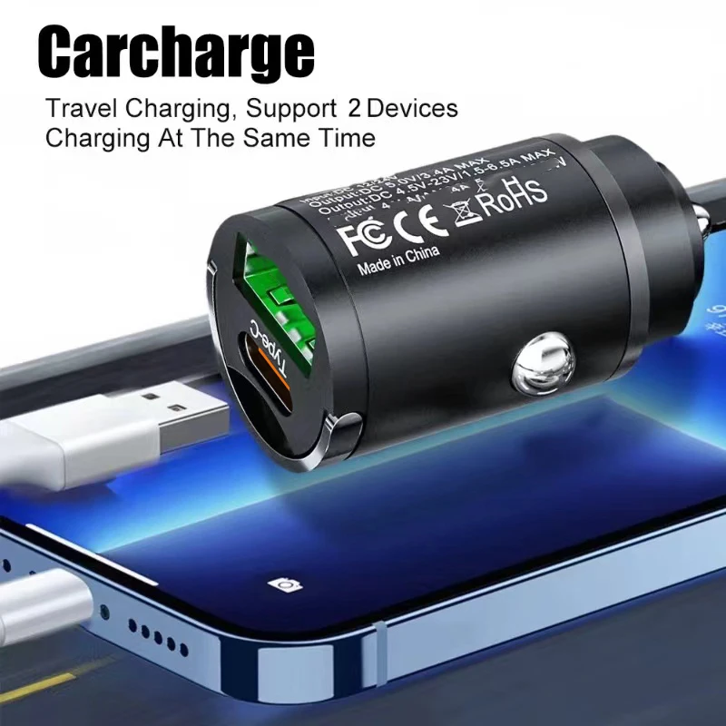 30W PD USB Car Charger Fast Charging For iPhone QC3.0 Mini Type USB C Hidden Car Mobile Phone Charger For Xiaomi Samsung Huawei