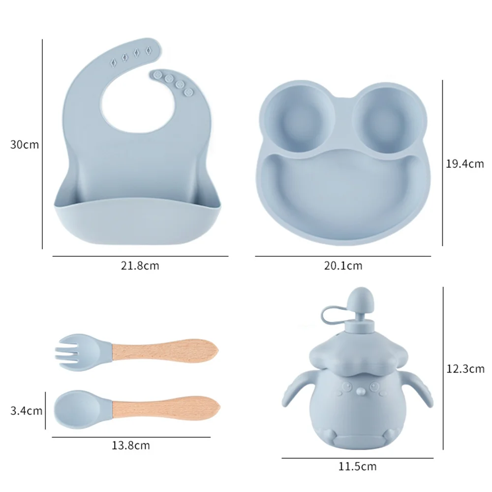 4PCS Silicone Children Tableware Baby Feeding Set Silicone Dinner Plate Wood Handle Spoon Fork Silicone Bibs BPA Free 6
