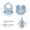 4PCS Silicone Children Tableware Baby Feeding Set Silicone Dinner Plate Wood Handle Spoon Fork Silicone Bibs BPA Free 6