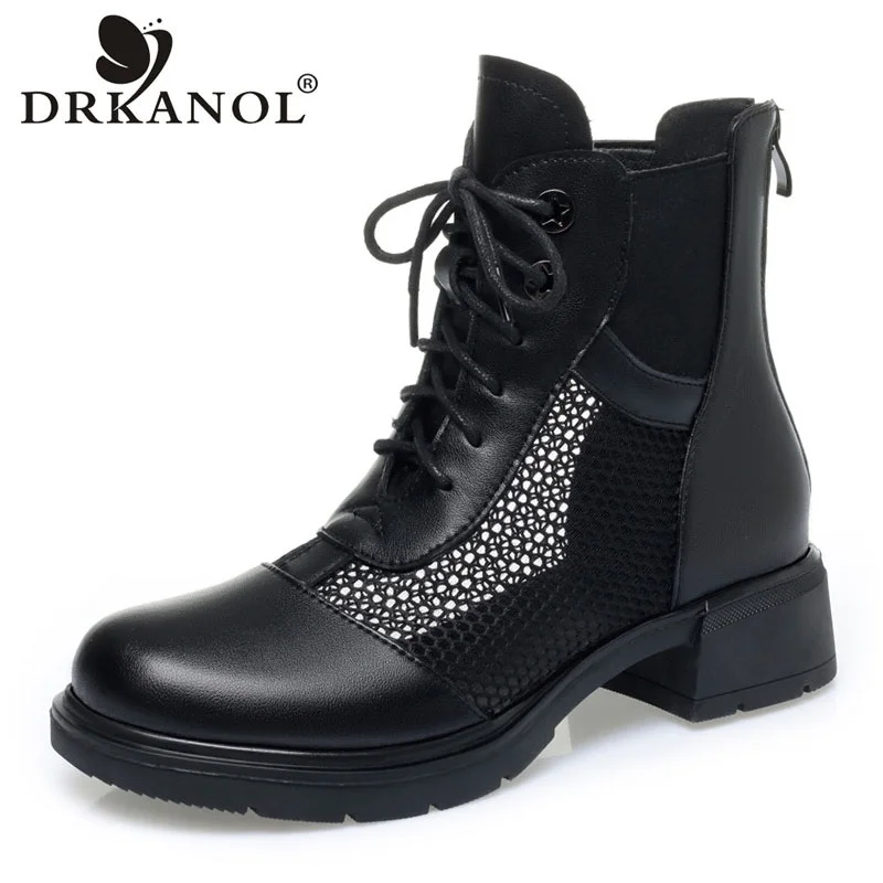 

DRKANOL Fashion Summer Cool Boots Women Round Toe Lace-Up Back Zipper Street Style Air Mesh Breathable Thick Heel Ankle Boots