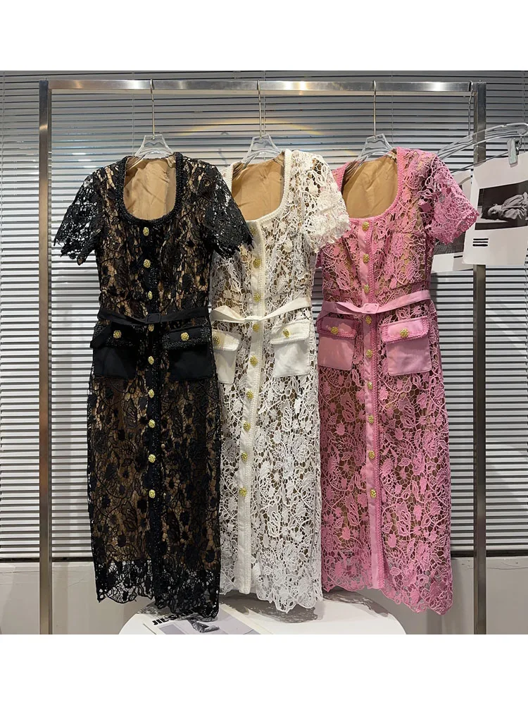 

HIGH STREET Newest 2024 Designer Stylish Fashion Women's Lace Hook Flower Hollow Belt Long Dress