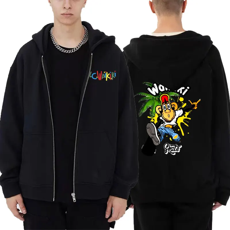 Lc Waikiki Monkey with A Skateboard Print Zip Up Hoodie Men Women Funny Monkey Graphic Zipper Sweatshirt Unisex Fashion Jacket