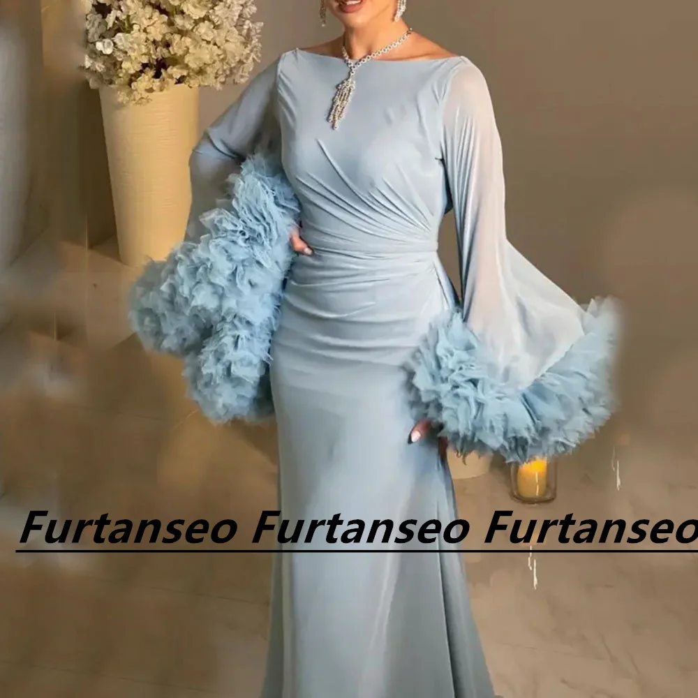 

Muslim Chiffon Evening Gown 2023 Fluffy Poet Sleeve Pleat Vestidos Para Mujer Gala Mermaid Saudi Arabian Formal Occasion Dress
