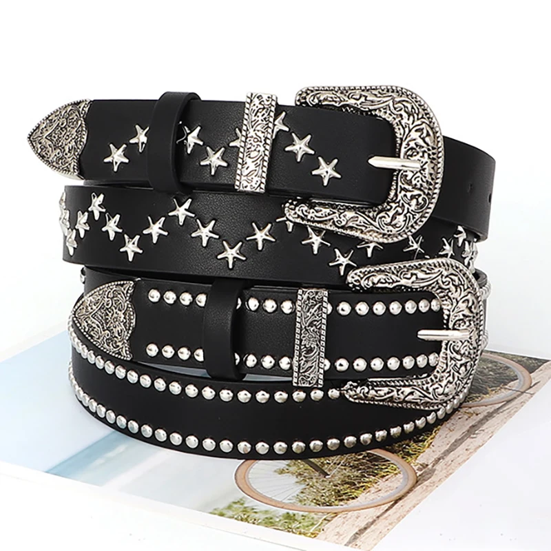 Women's Rivet Punk Style Carved Buckle Belt，Rock Punk Subculture HipHop Street Trend Y2K Style Spicy Girl Jeans Decoration Belts