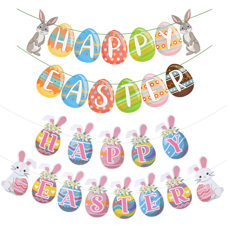 

1set Happy Easter Banner Decoration Cute Rabbit Eggs DIY Home Hanging Paper Bunting Garland Flags Bunny Festival Party Supplies