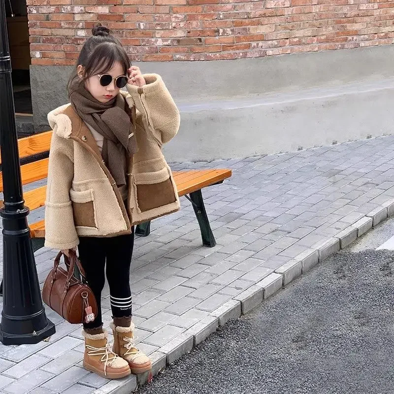 Children's Suede Jacket Autumn Winter Girls Korean Thick Fur One-piece Motorcycle Suit with Suede Double-sided Woolen Sweater