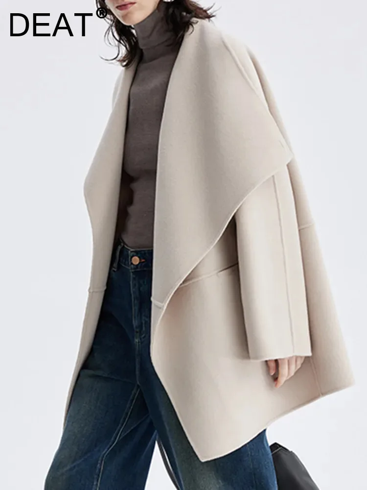 

DEAT Long Sleeve Woolen Coat For Women Solid Color Lapel Thicken Warm Loose Simple Casual Clothes Famale Spring New 2024 17G3931