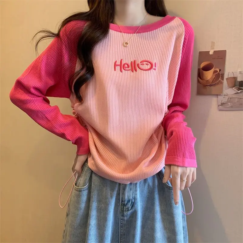 

Women Trendy Casual Letter Embroidery Contrast Color Loose Ribbed T-shirt Y2K Female O Neck Long Sleeve Chic Sweet Pullover Tops