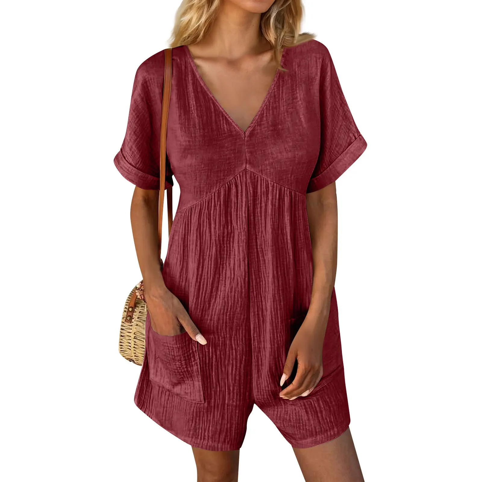 Women Summer Short Jumpsuits and Rompers V-neck Pockets Playsuits Ladies Casual Bodysuits