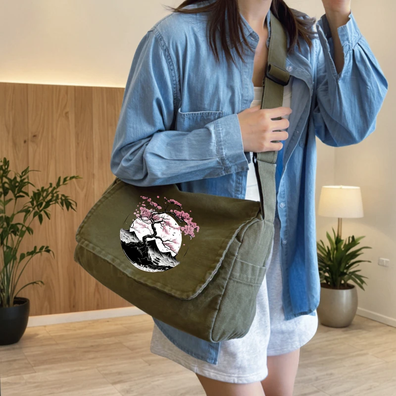 Vintage Women's Shoulder Bag Canvas Crossbody Bag Cherry Blossom Print Large Capacity Messenger Bag