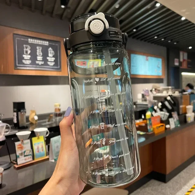 1.5/2Liter Sport Straw Water Bottle with Time Scale Plastic Summer Cold Juice Water Cup Large Capacity Portable Travel Bottles 3