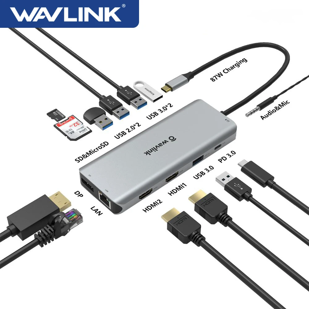 Wavlink-usb-c Docking Station Exibição Tripla Usb c Hub 4k 60hz tipo c para Hdmi dp Rj45 Adaptador Usb3.0 para Laptop Windows Mac os