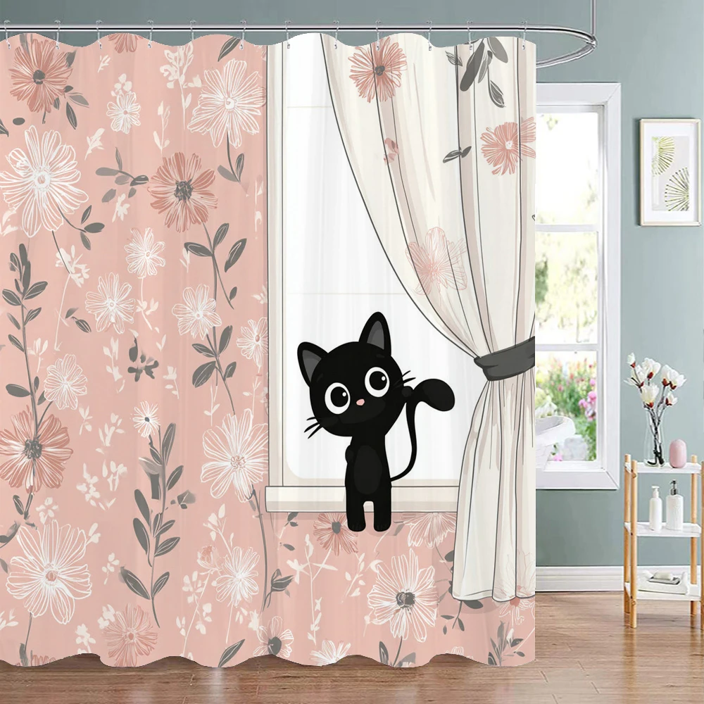 AIBIIN Tenda da doccia a forma di gatto, simpatica tenda da bagno colorata a scacchi, in tessuto impermeabile resistente, decorazione per la casa, con