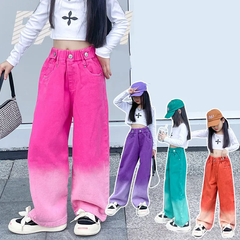 

Girls Jeans Candy Colored Denim Pants for Kids Teenager Fashionable Gradient Wide Leg Pants Children Mop Trousers Clothing