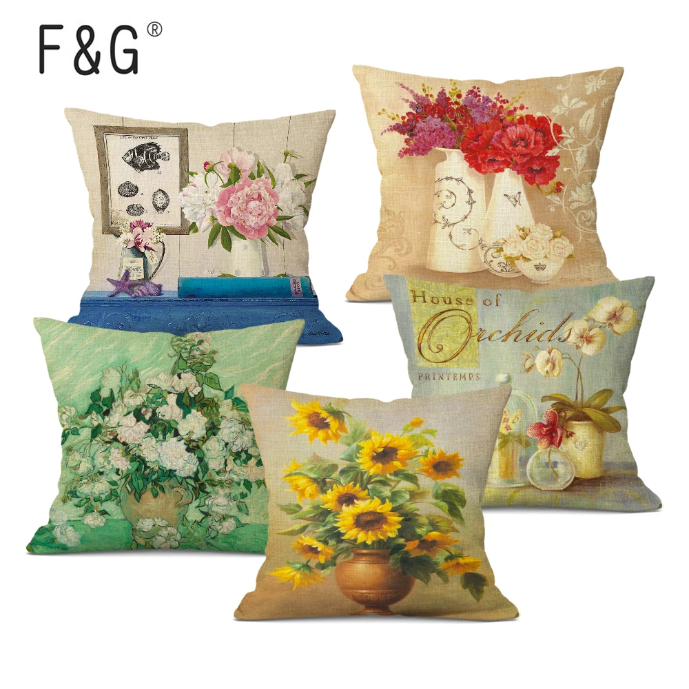 

Romantic Love Flower Cushion Cover Sofa Chair Retro Vase Decorative Linen Pillow Cover Colorful Pillowcase Fresh Home Decor