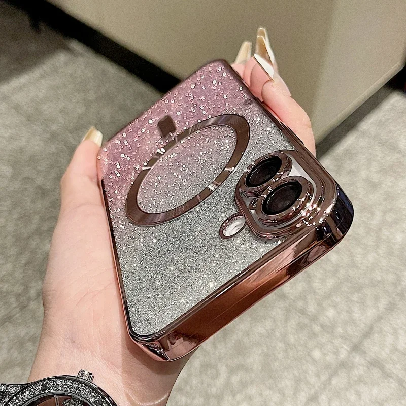 Coque de téléphone souple magnétique à paillettes de luxe pour iPhone 16 15 14 13 12 11 Pro Max Plus, coque de chargement sans fil antichoc_voghion.com