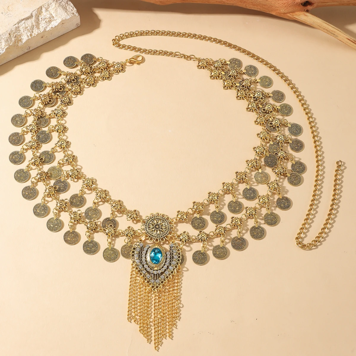 Exaggerated Retro Blue Rhinestone Tassel Metal Waist Chain for Women Luxury Double Layered Craved Coin Belt Chains Body Jewelry