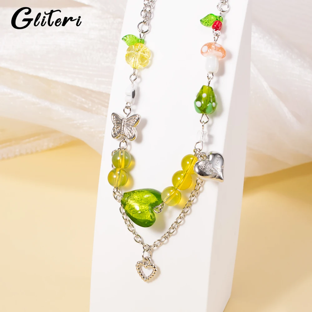 

GEITERI Korean Style INS Heart Butterfly Pendant Necklaces For Women Girls Green Crystal Beads Choker Trendy Jewelry Party Gifts