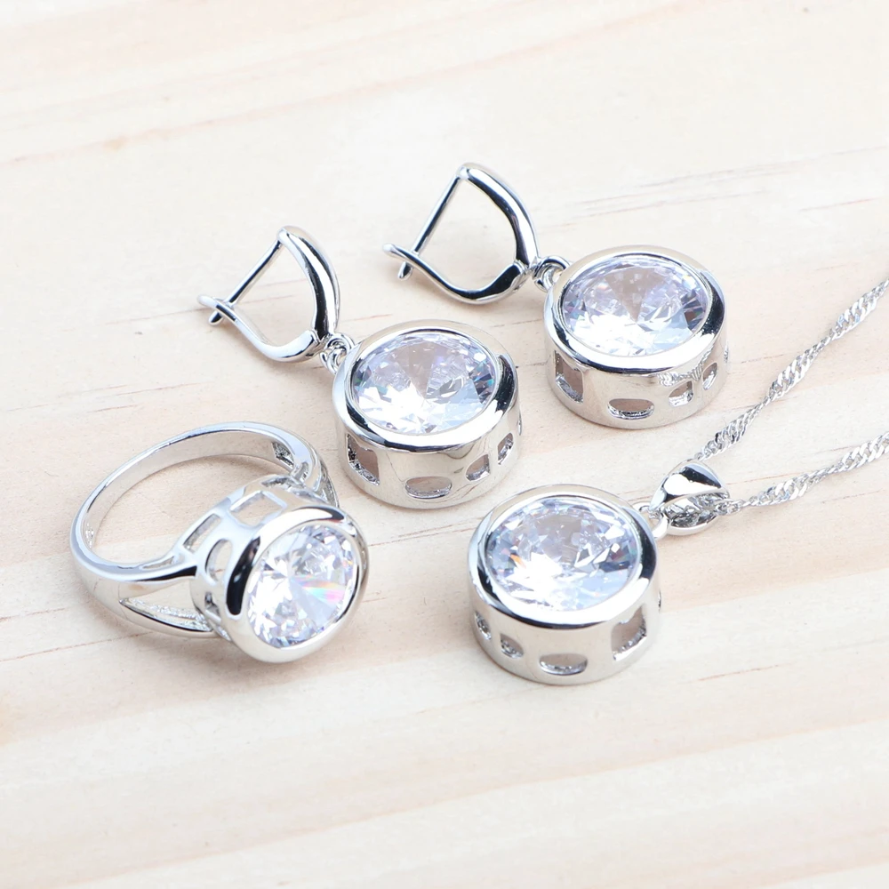 White Zircon Jewelry Sets 925 Sterling Silver Wedding Jewelry Ladies Rings Bracelets For Women Set Earrings Necklace Pendant 2