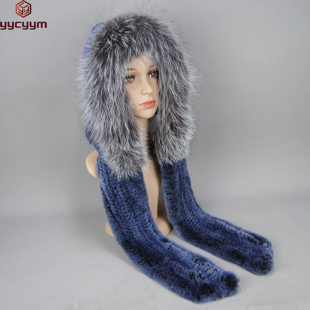 

New Arrival Lady Real Rex Rabbit Fur Hat&Scarf Winter Warm Natural Fox Fur Hats&Scarves Women Knitted Genuine Fur Hooded Muffle