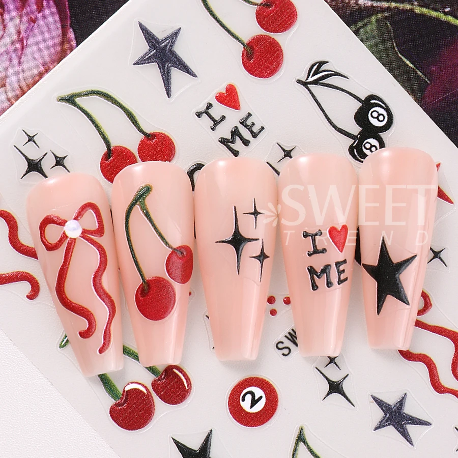 2pcs Halloween Clown Designs Nail Stickers 5D Cute Cherry Bow Billiard Star Adhesive Nail Decals DIY Manicure Decoration Sliders