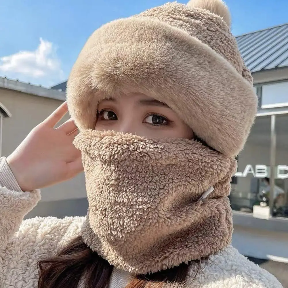 Winter Hats for Women 2024 New Autumn and Winter Collar Scarf Mask One Thick Warm Ear Protection Windproof Hooded Solid Color 3