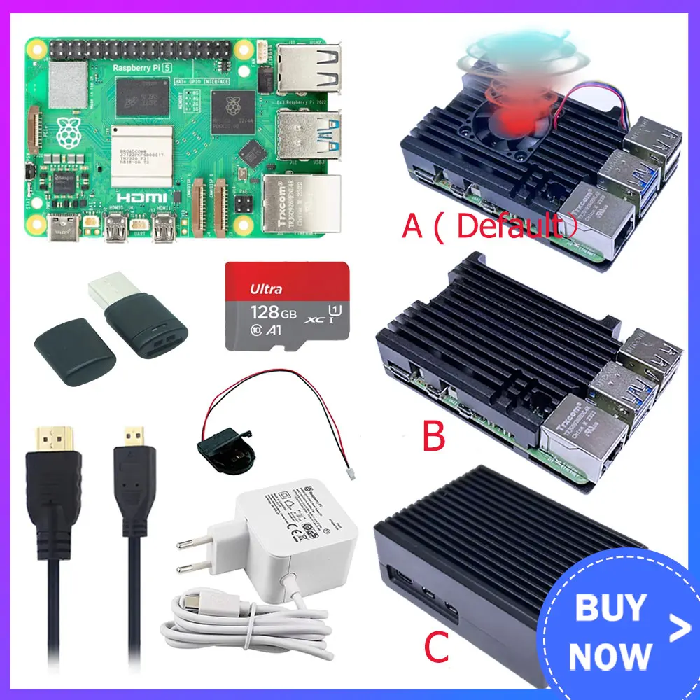 Raspberry Pi 5 4G 8 Gb Ram Kit + Custodia + 32 64 Scheda Tf Da 128 Gb + Adattatore Di Alimentazione + Cavo Video Per Pi 5