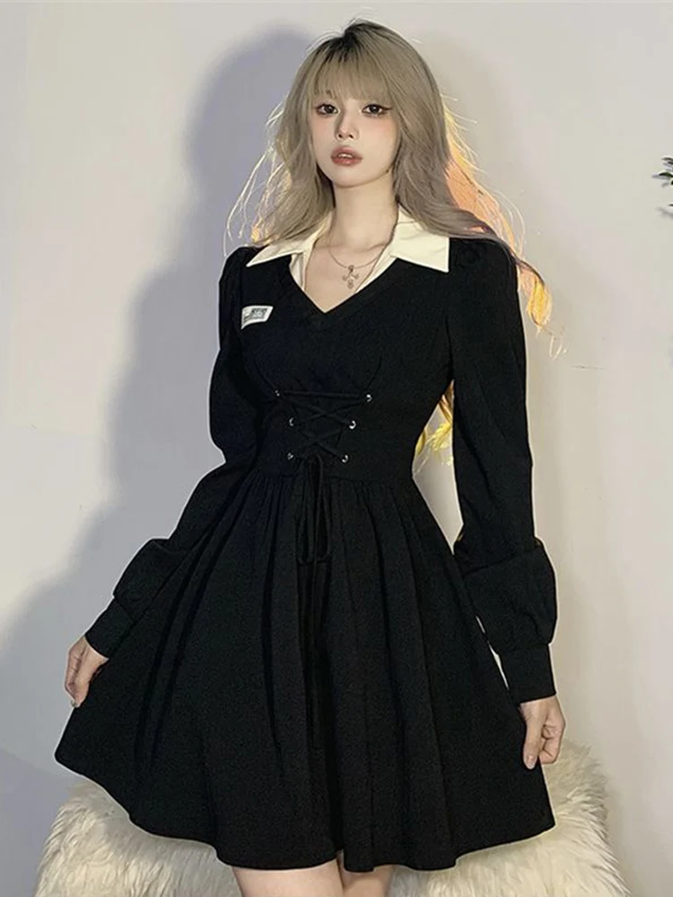 Zoki Korean Oversize 4Xl Black Dress Women Elegant Lace Up