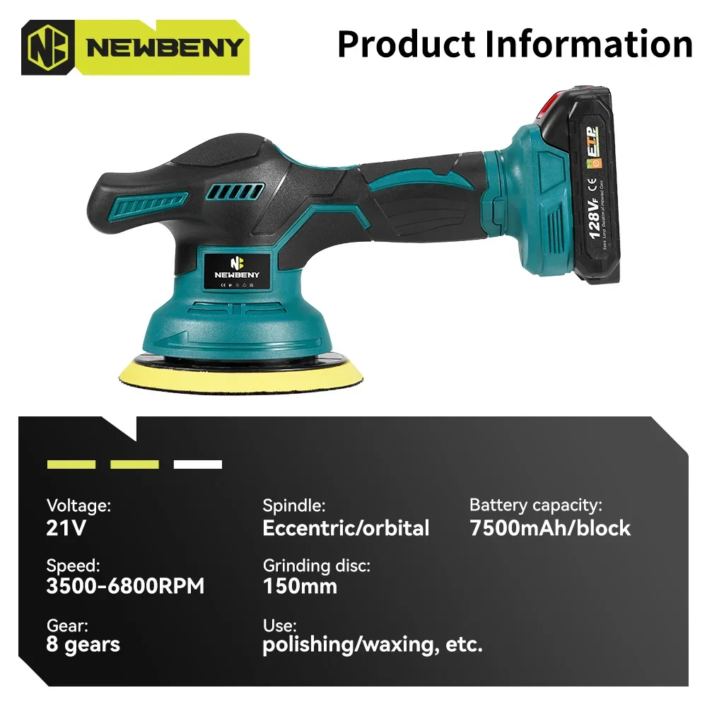 150mm Electric Car Polisher Cordless 8 Gear Adjustment Car Polishing Auto Waxing Rotary Tool For 21V 18V-21V Battery