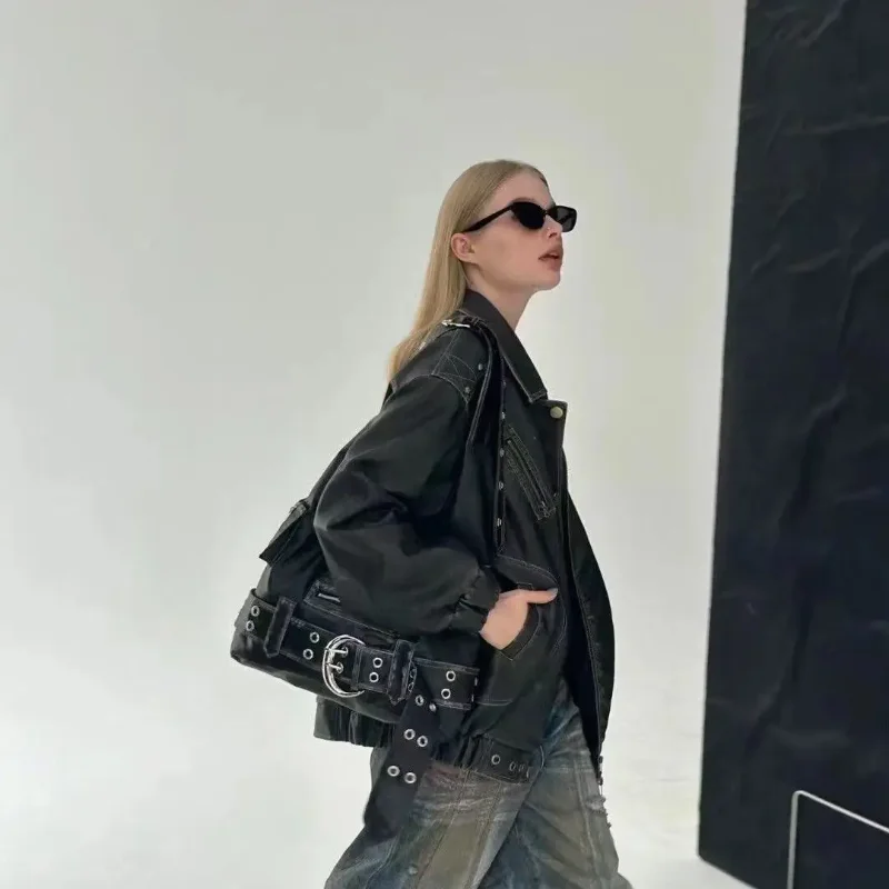 Luxury Womens Handbag - Y2K Large Capacity Shoulder Bag with Rivets and Multiple Pockets