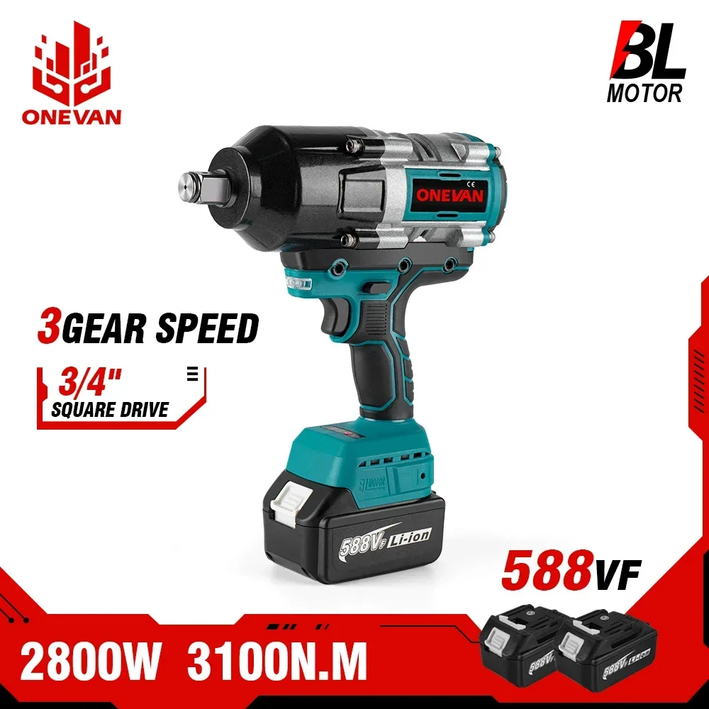 ONEVAN 3100NM Brushless Impact Electric Wrench 3/4 inch Cordless Wrench 588VF Battery Handheld Power Tool For Makita 18v Battery