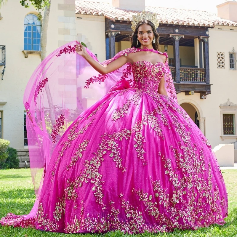 

Rose Pink Sweetheart Ball Gown Quinceanera Dresses Applique Tulle With Cape Formal Vestido De 15 Anos Quinceanera Princess Party