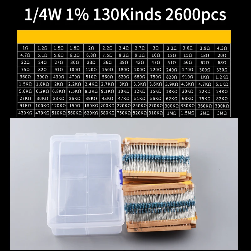 Snvi 2600pcs/set 130 Kinds 1/4W Resistance 1% Metal Film Resistor Pack Assorted Kit 1K 10K 100K 220ohm 1M Resistors 2600pcs/set