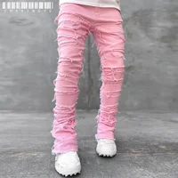 Jean empilé coupe régulière pour hommes, déchiré, Slim Fit, Patch, pantalon en Denim droit détruit, Hip Hop, Streetwear, tissu de pantalon 4