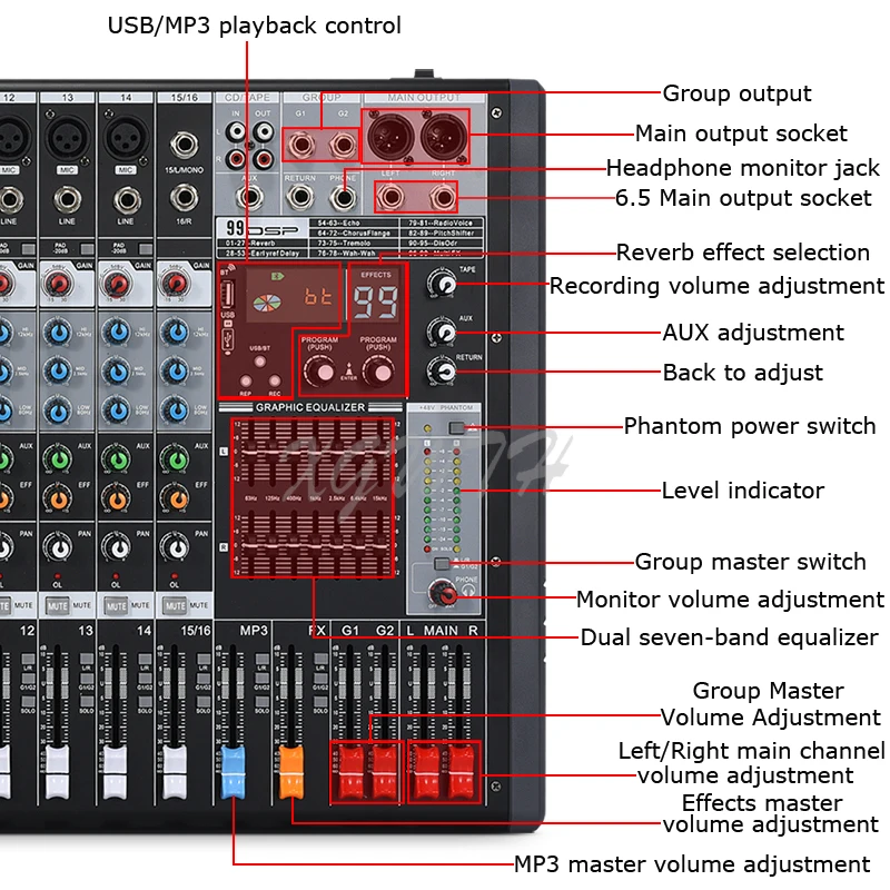 16 채널 디지털 믹서 사운드 오디오 믹싱 콘솔, 99 DSP 디지털 반향 효과, 블루투스 USB MP3 DJ 콘솔