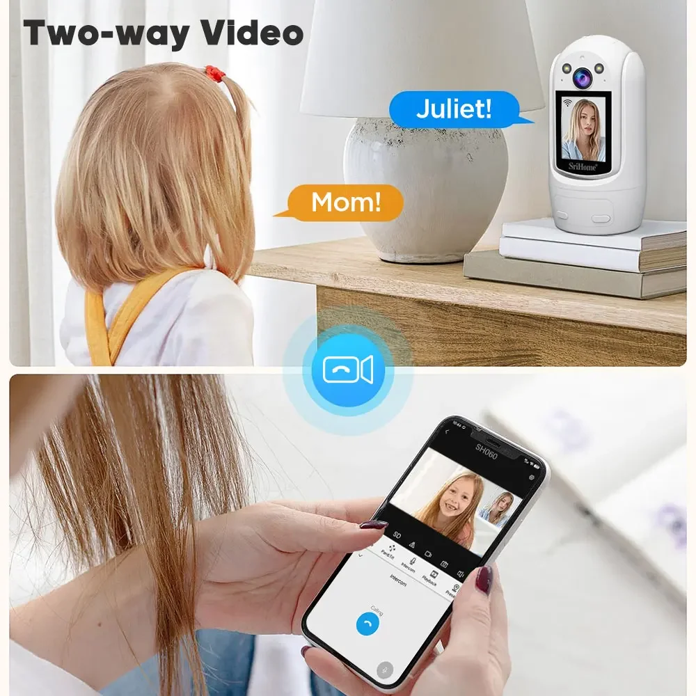 Srihome SH060 PTZ Wifi Camera Video Call with 2.4 Inch IPS Screen Baby Cry Sound Detection Security IP Camera CCTV Baby Monitor 3