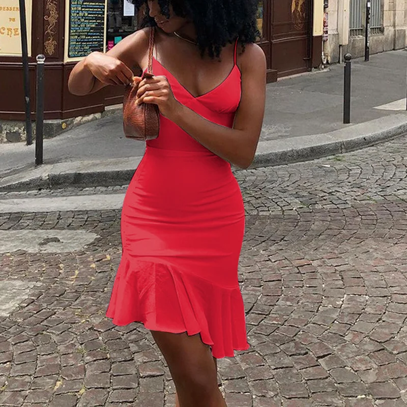 

Summer Elegant Women's Spring and Solid Color Sexy Sling Stitching Halter Temperament Self-cultivation Ruffled Holiday Dress