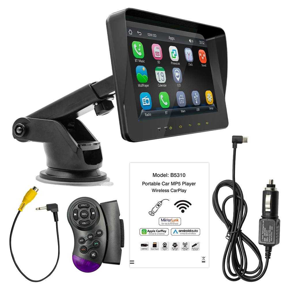 7 Inch Car Stereo MP5 Player BT Hands-Free Calling FM Radio Support Carplay Android Auto Phone Link Reversing Assist Dual USB